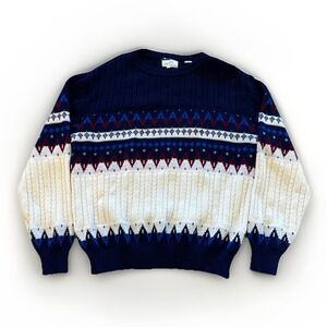 Vintage Fair Isle Sweater Mens L Knit Crewneck Pullover 80s Cable Knit